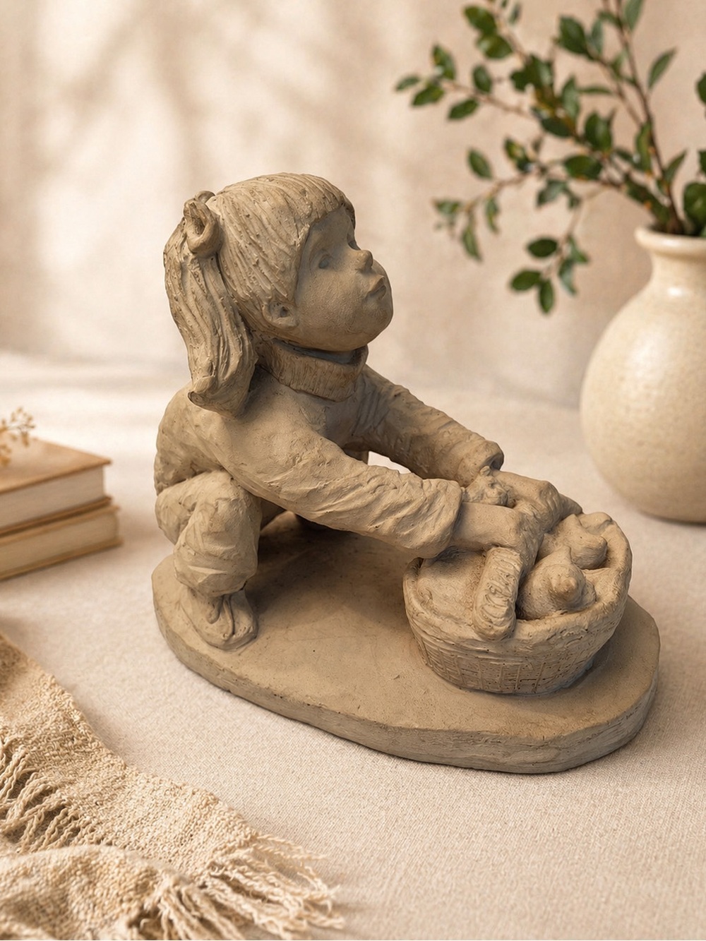 Neutral Home Decor - Girl with Basket of Kittens Sculpture